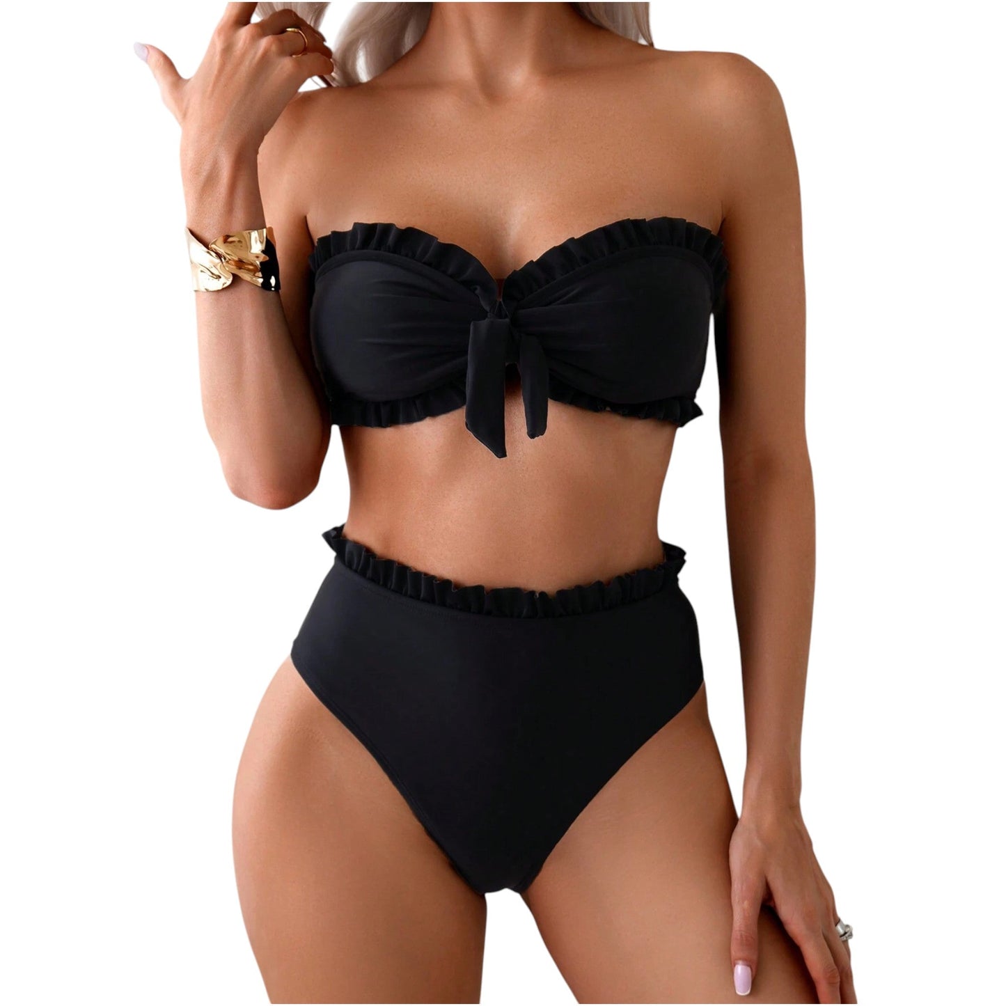 SHE fekete fodros bandeau bikini