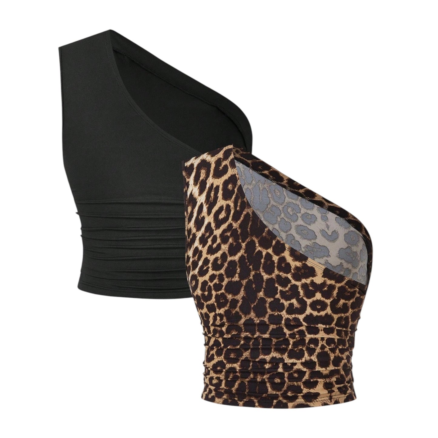 SHE fekete és leopárd mintás félvállas crop top szett