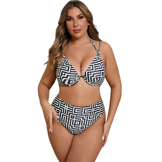 SHE szürke-fehér geometrikus mintás bikini szett