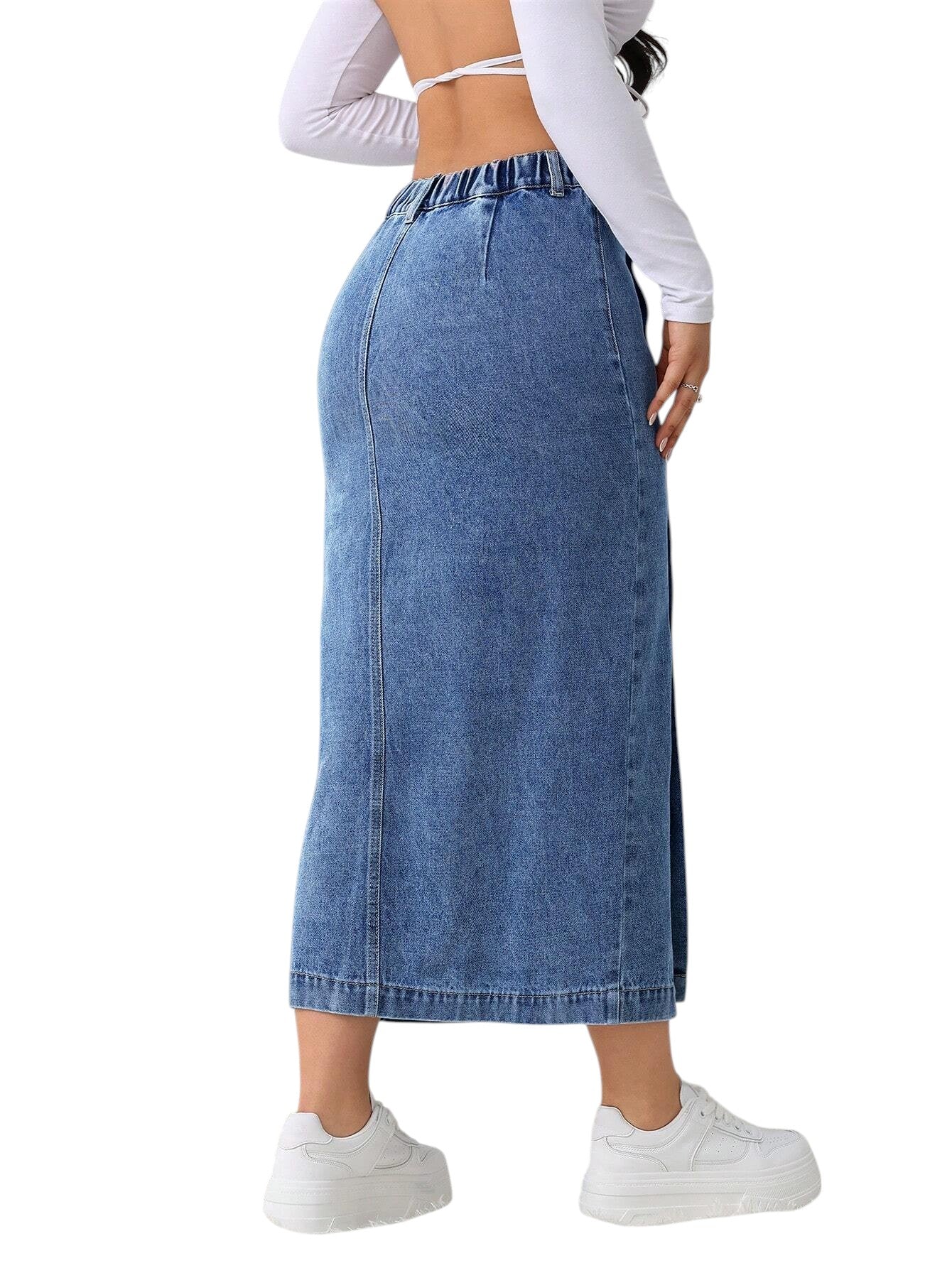 SHE kék gombos farmer szoknya slicceléssel