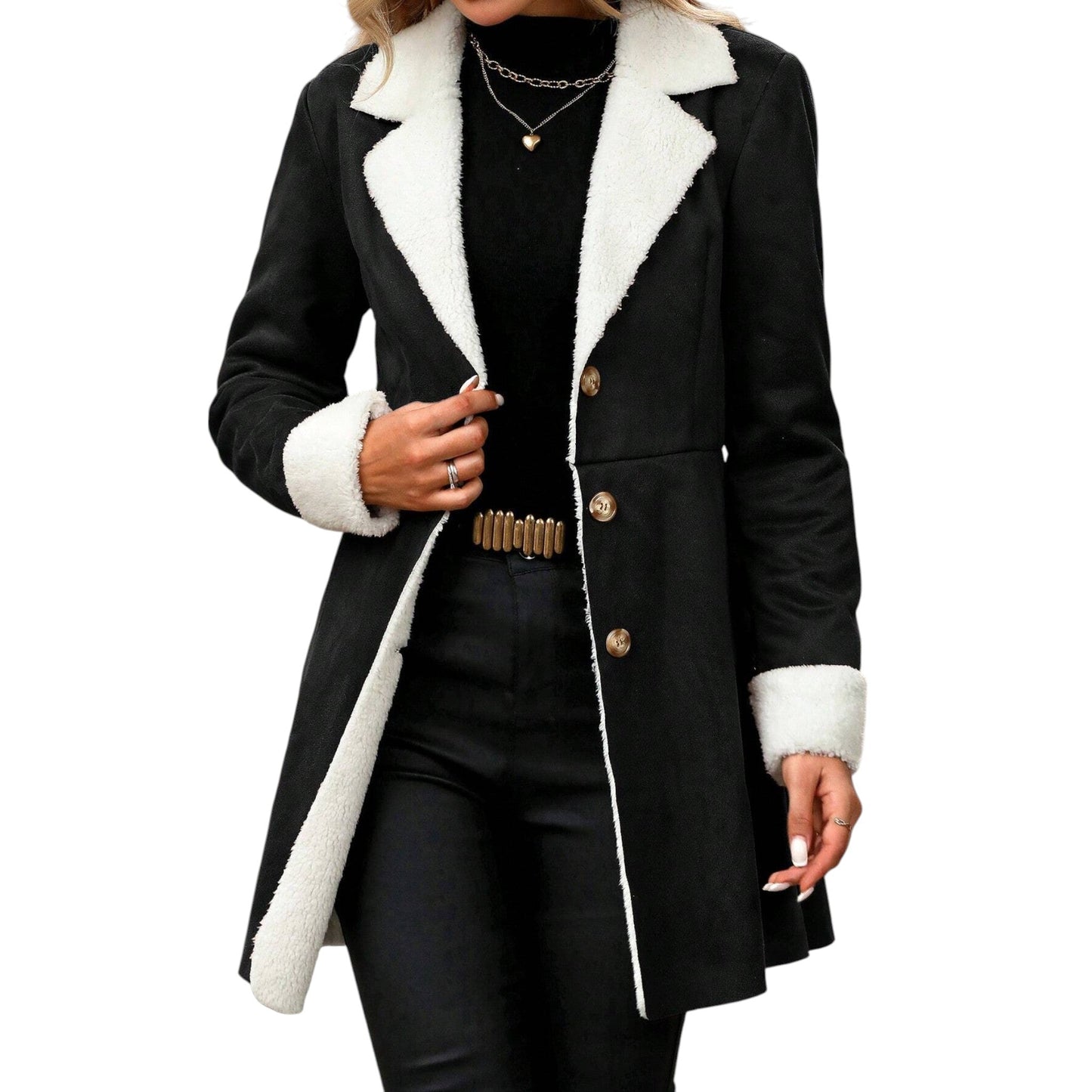 SHE fekete műszőrme galléros kabát