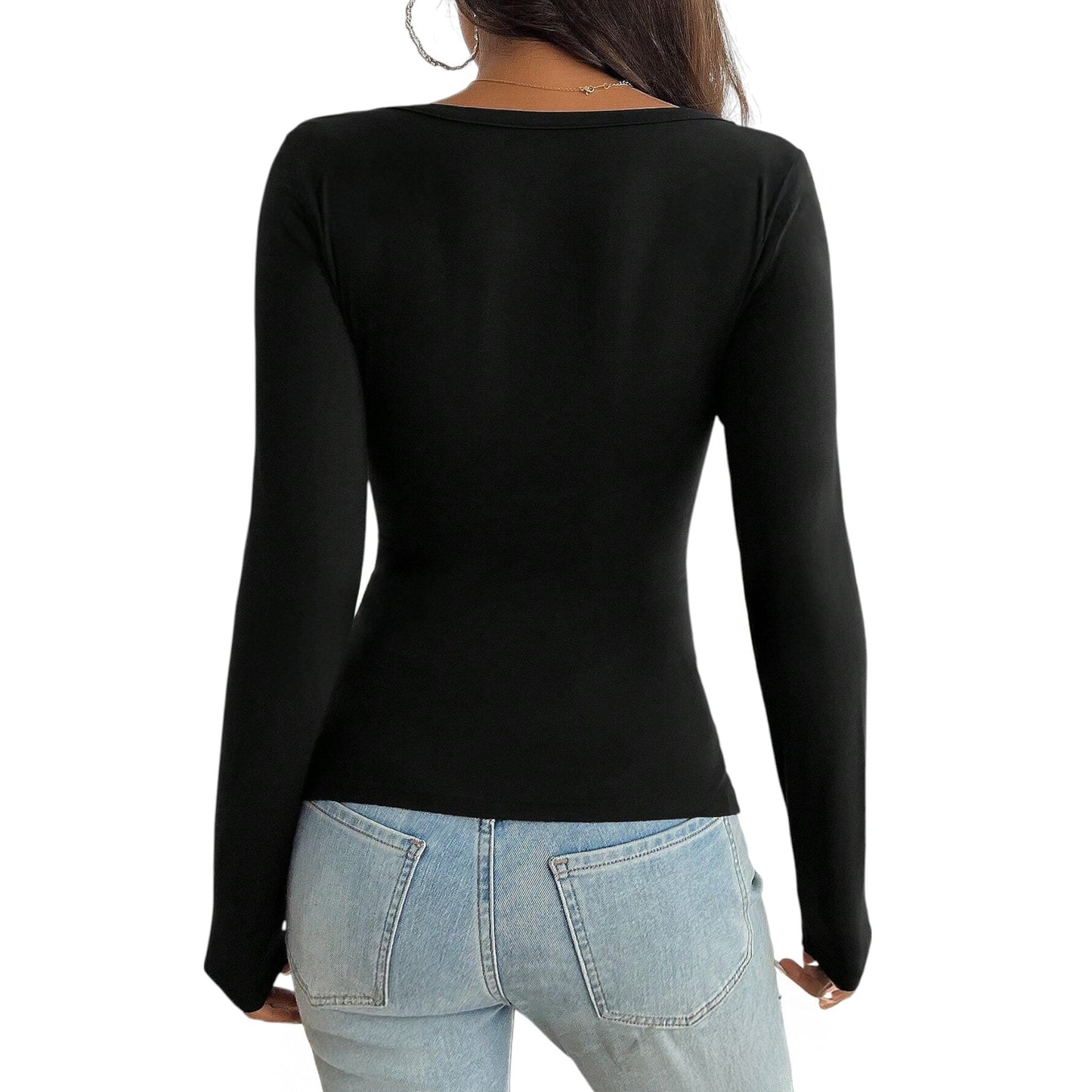 SHE fekete V-nyakú hosszú ujjú póló