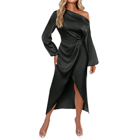 SHE fekete szatén midi ruha