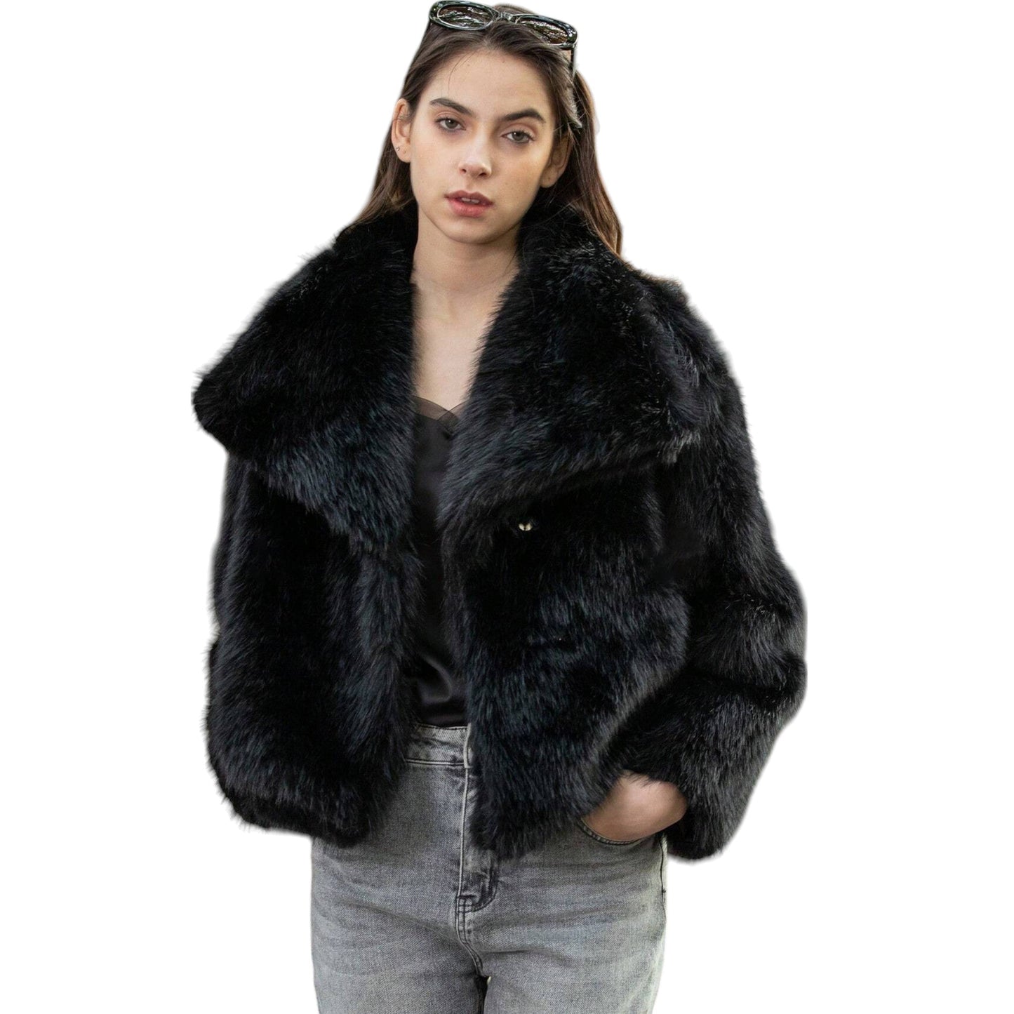 SHE fekete műszőrme kabát