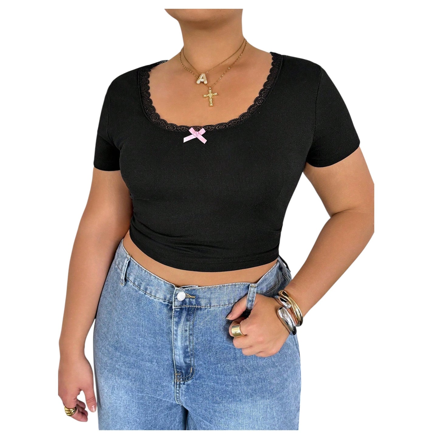 SHE fekete bordás crop top