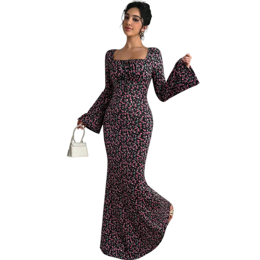 SHE fekete virágmintás maxi ruha