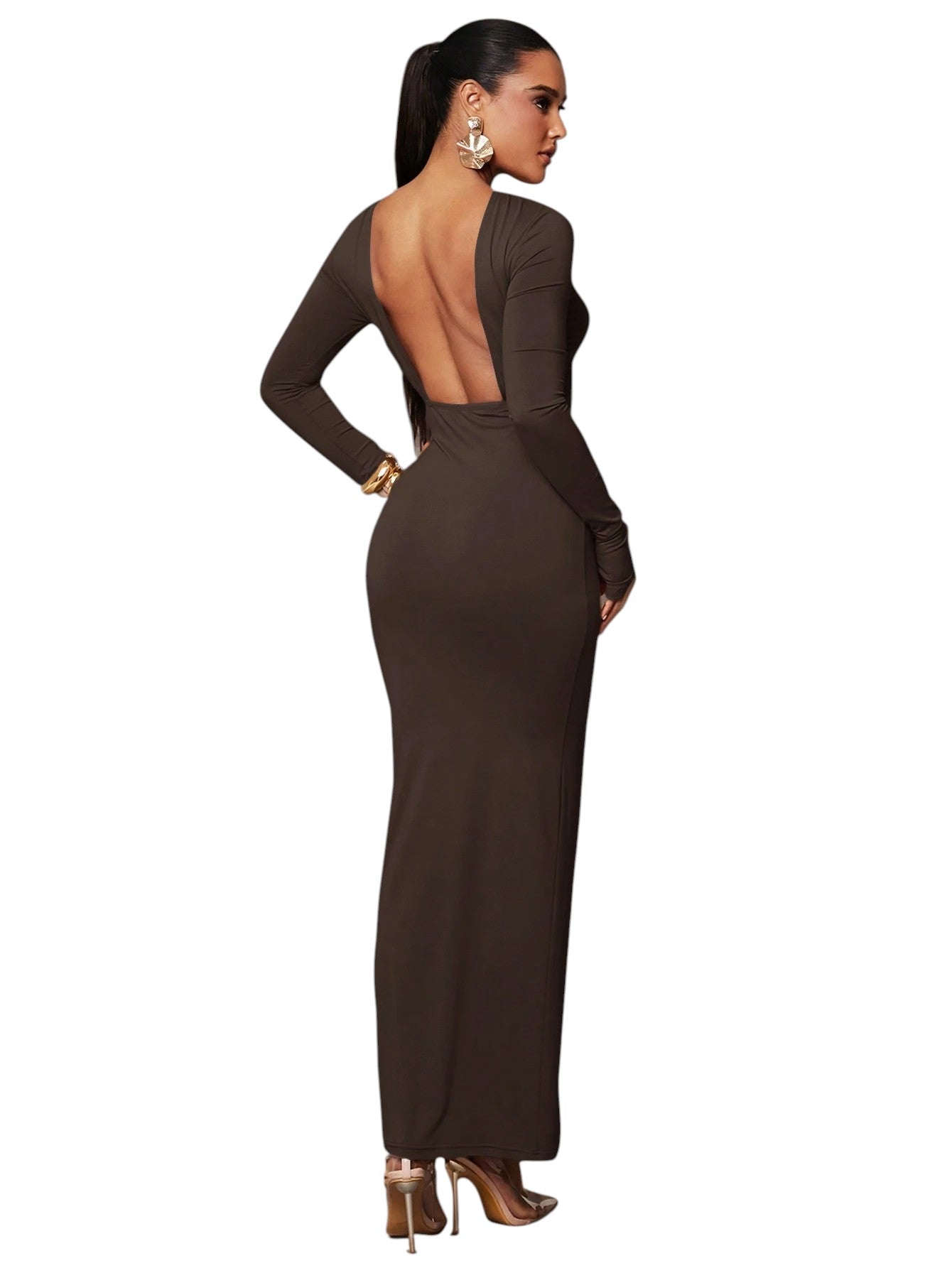 SHE barna hosszú ujjú bodycon ruha