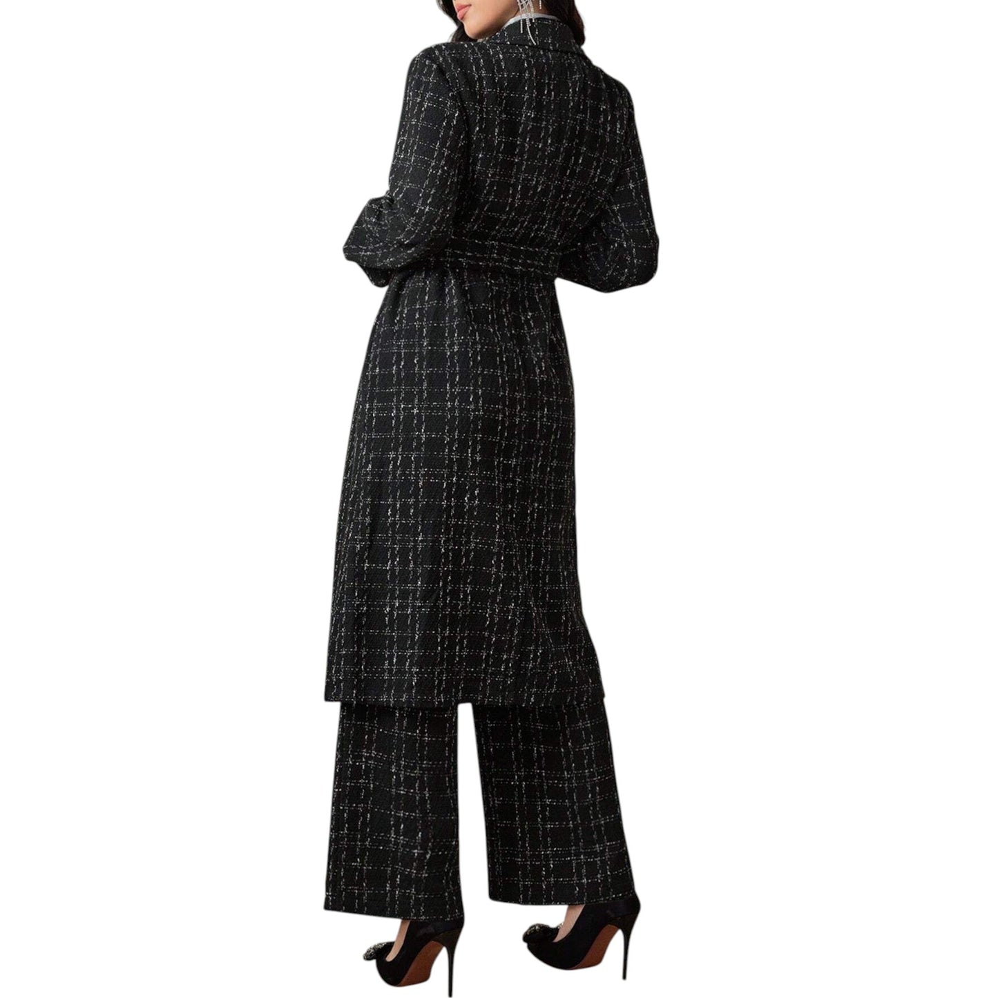 SHE fekete kockás hosszú kabát szett