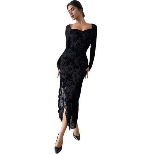 SHE fekete virágmintás maxi ruha