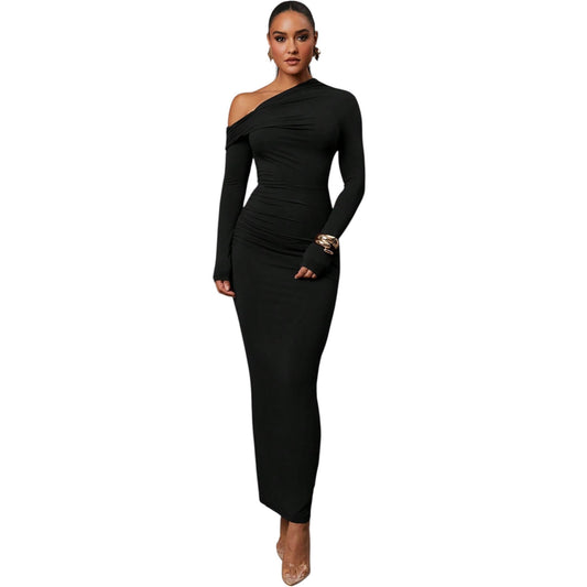 SHE fekete félvállas maxi ruha