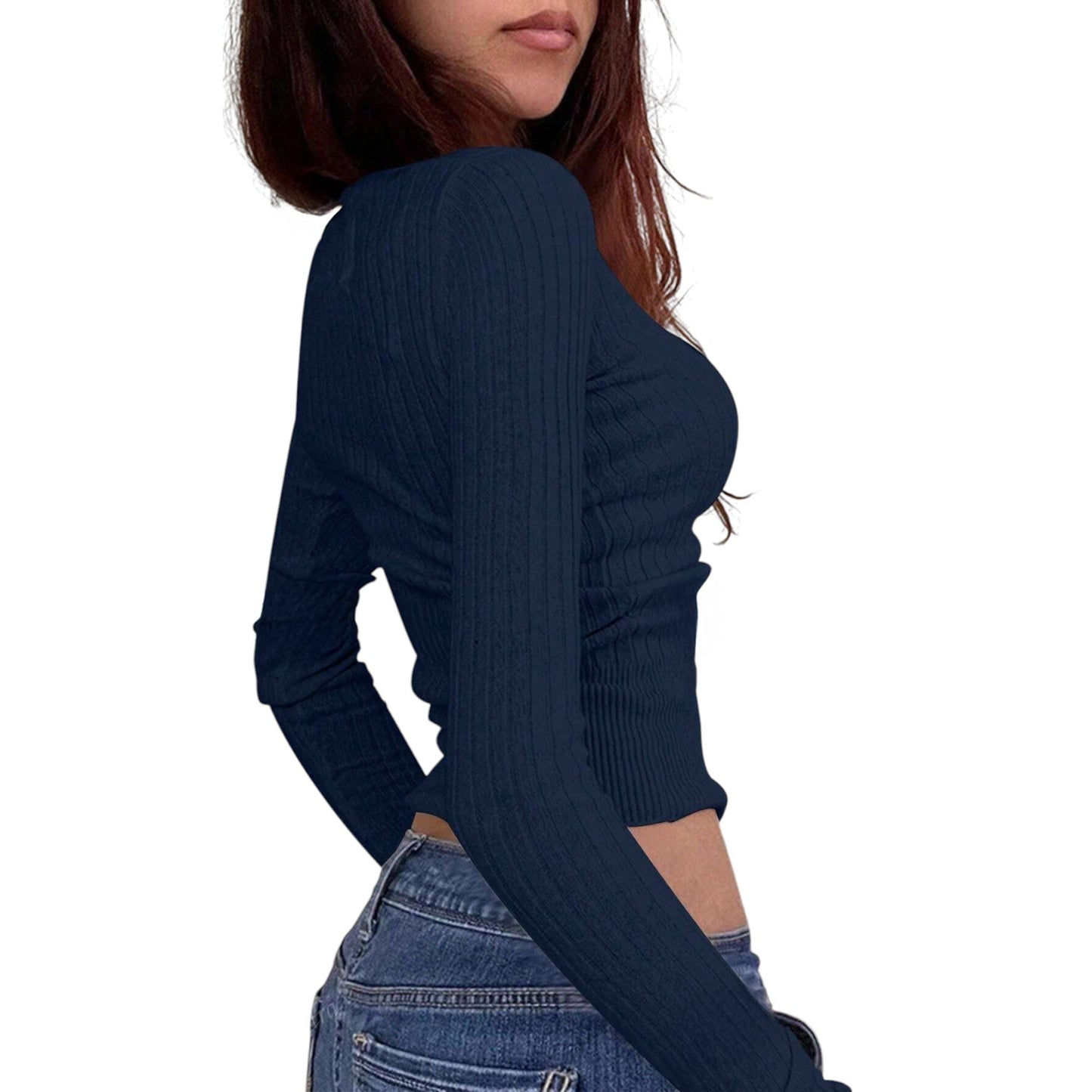 SHE sötétkék bordázott hosszú ujjú felső