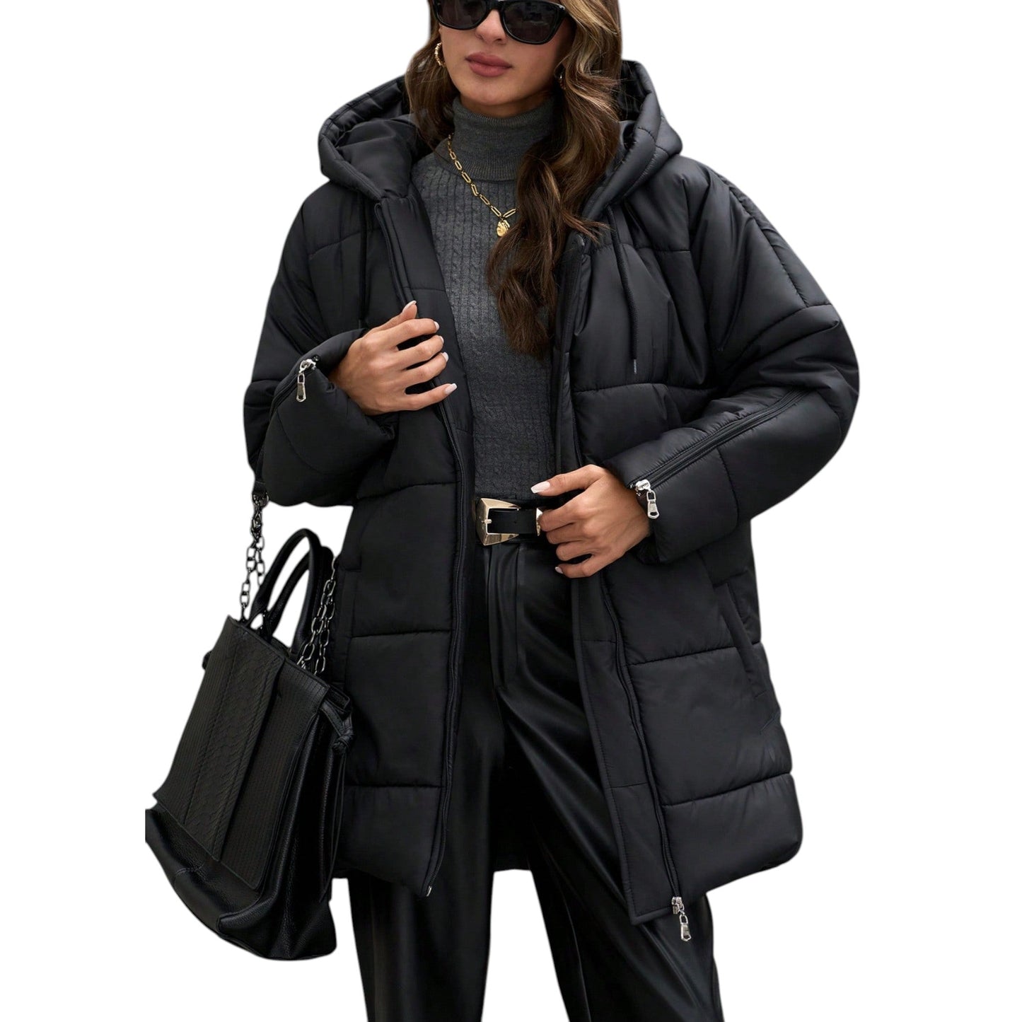 SHE fekete hosszú kapucnis steppelt kabát