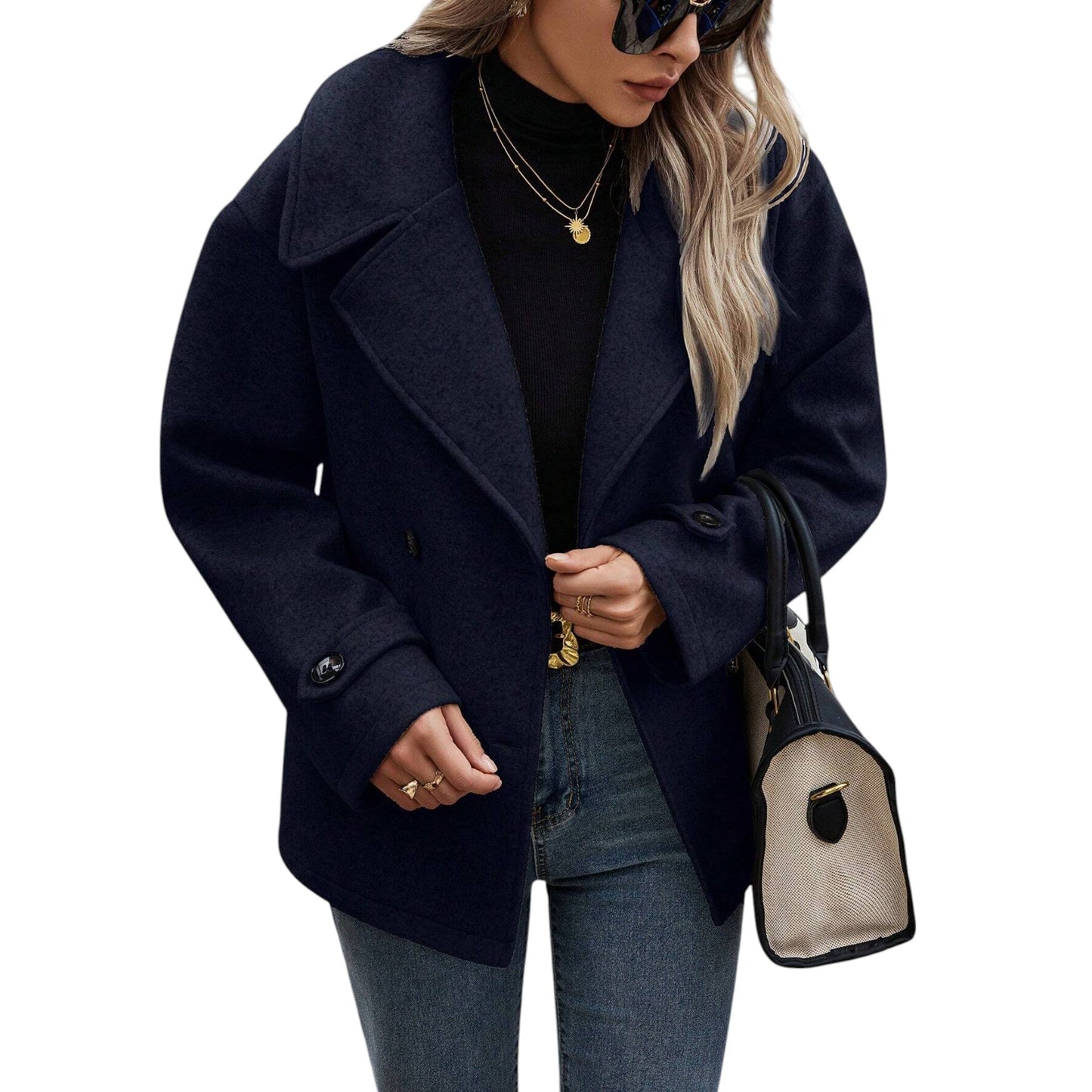 SHE sötétkék rövid duplasoros szövetkabát