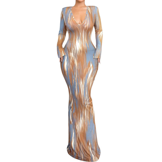 SHE többszínű mintás hosszú ujjú maxi ruha