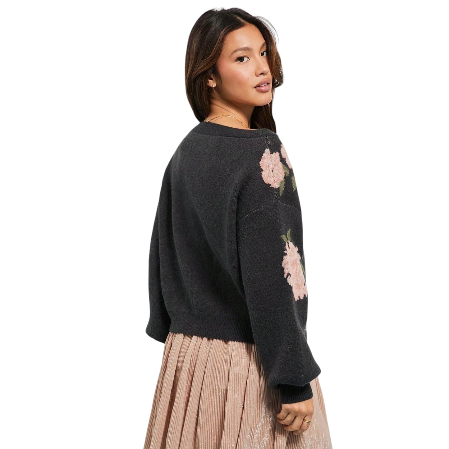 SHE sötétszürke virágmintás pulóver