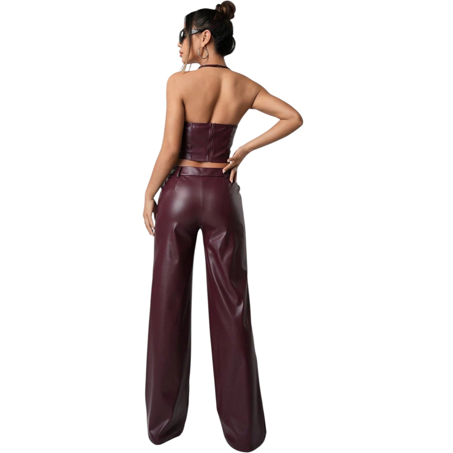 SHE bordó műbőr crop top & nadrág szett