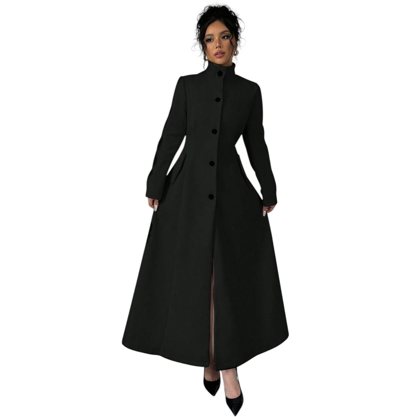 SHE fekete álló galléros maxi kabát