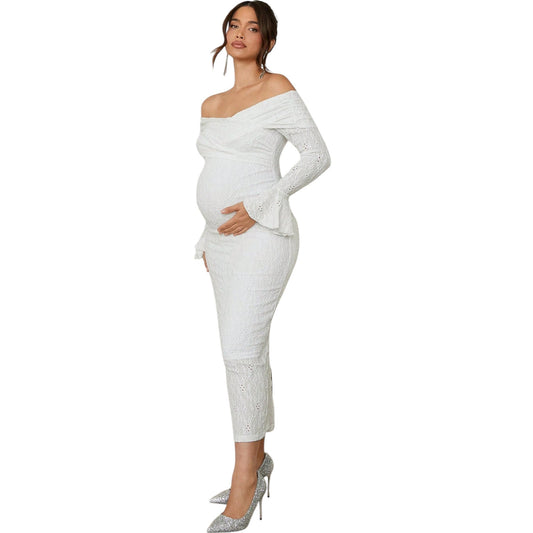 SHE fehér csipkés ejtett vállú kismama ruha