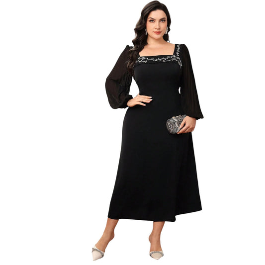 SHE fekete hímzett midi ruha