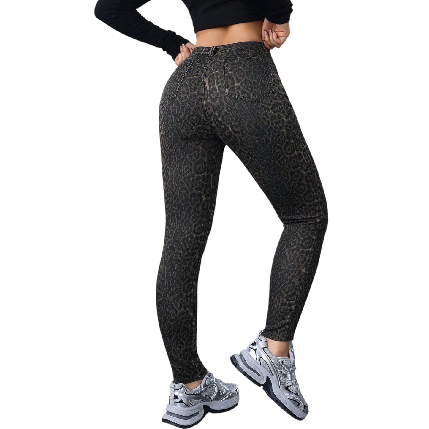 SHE leopárdmintás slim fit farmer nadrág