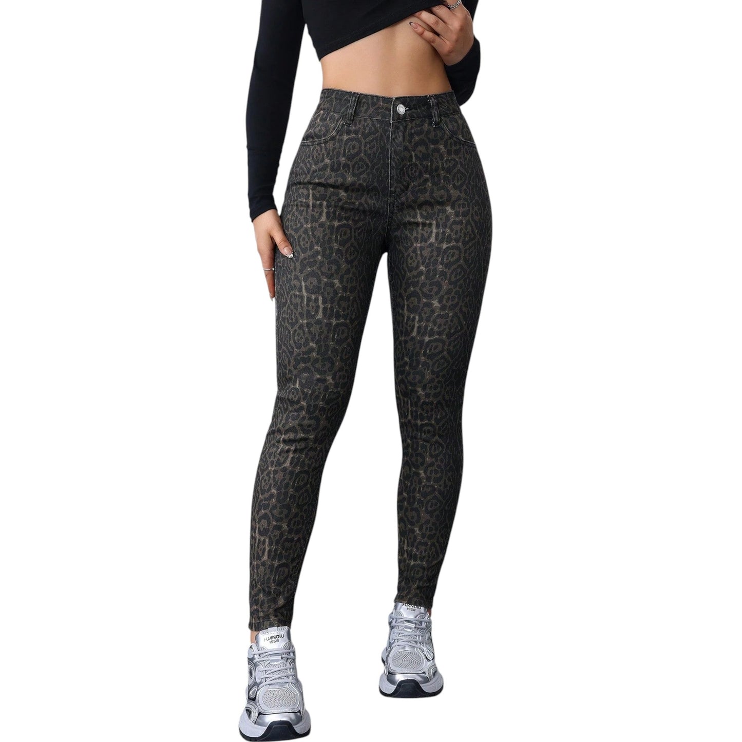 SHE leopárdmintás slim fit farmer nadrág