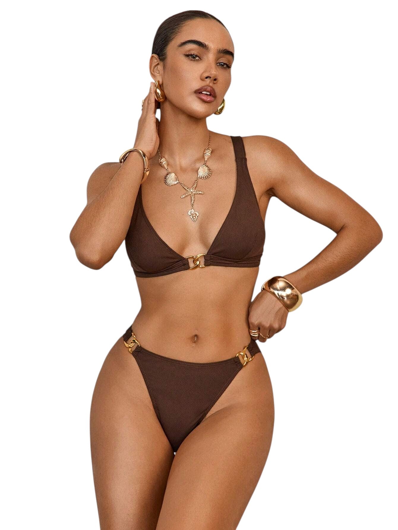 SHE barna bordázott bikini szett