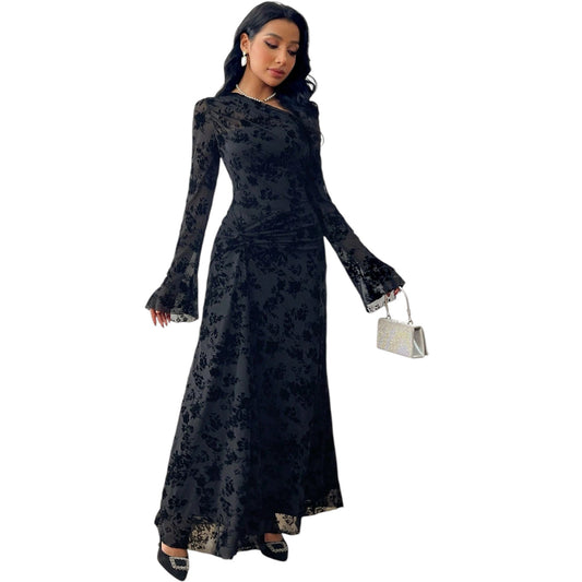 SHE fekete virágmintás maxi ruha