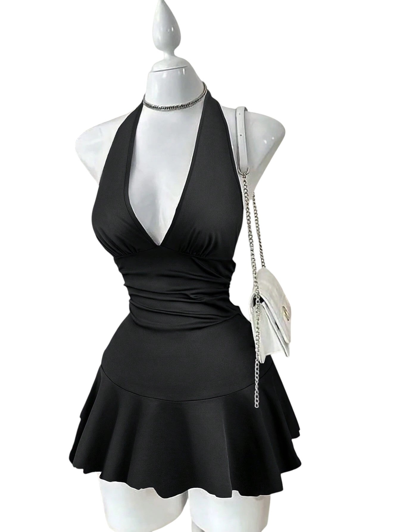 SHE fekete halter nyakú playsuit szoknyával