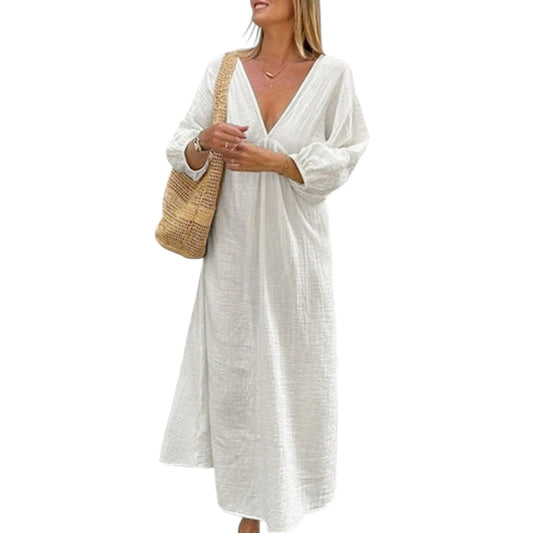 SHE fehér vászon kaftán ruha