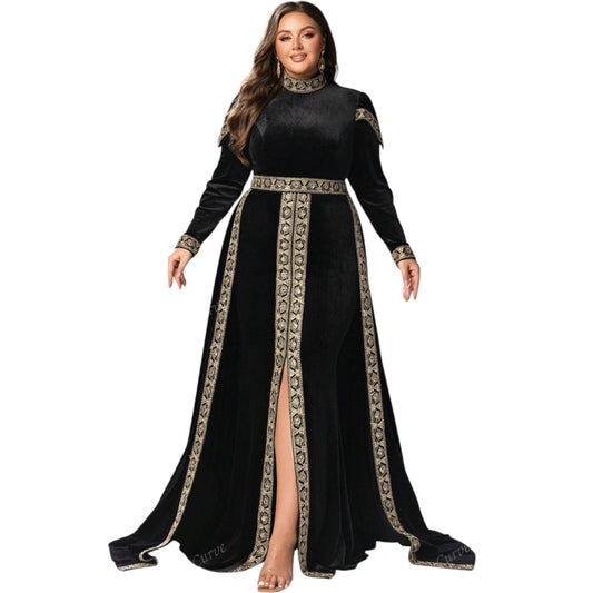 SHE fekete hímzett bársony maxi ruha