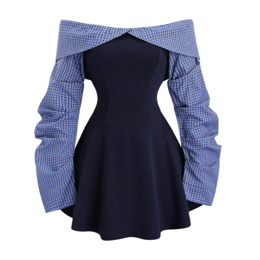 SHE kék kockás pánt nélküli ruha