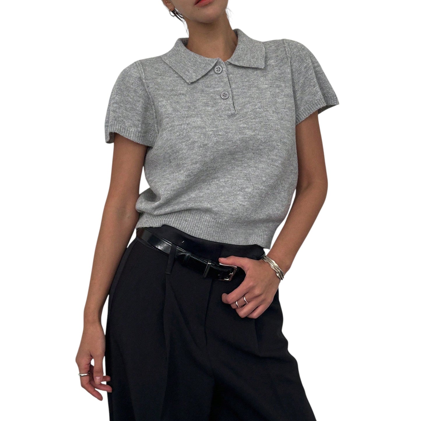 SHE szürke kötött galléros póló