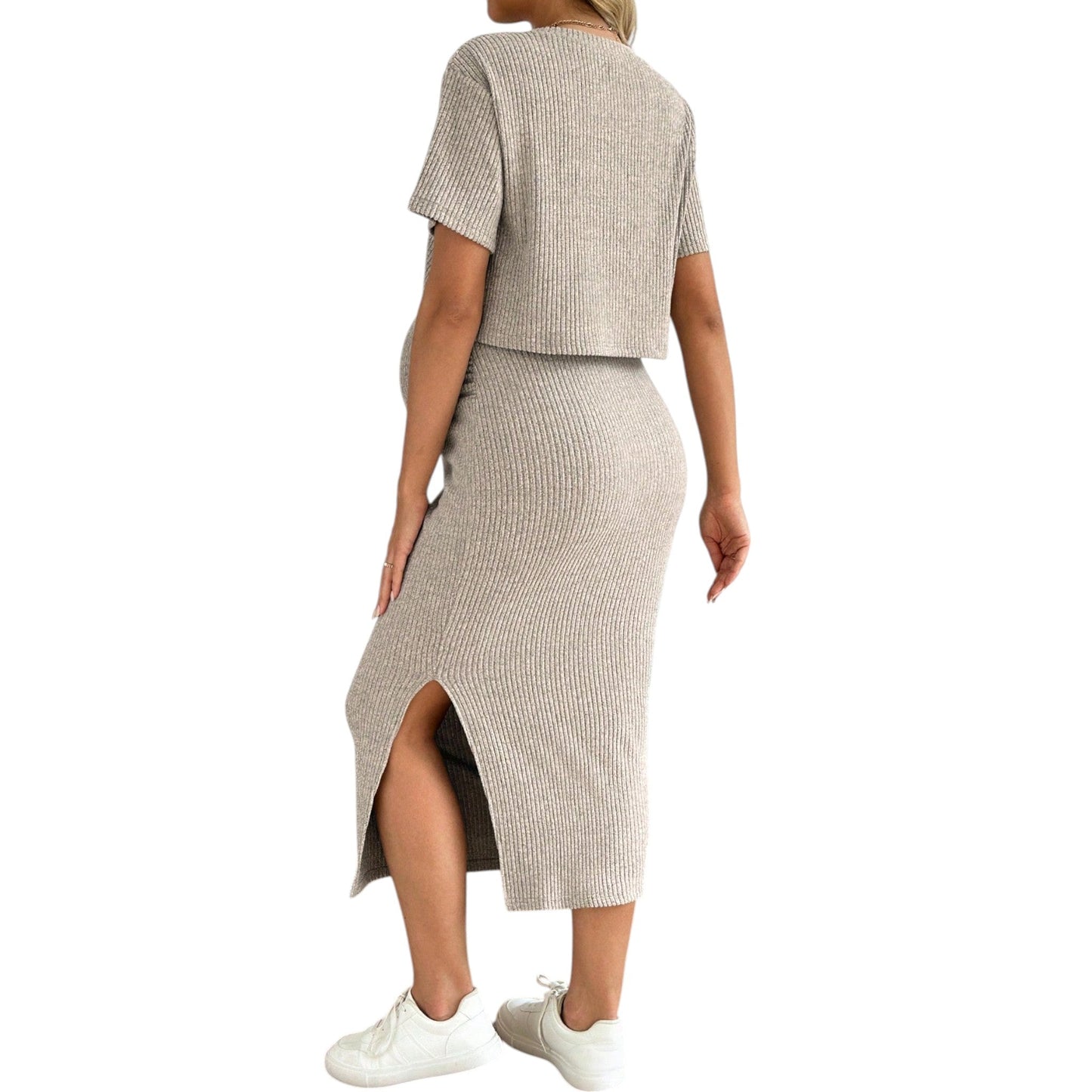 SHE bézs bordázott midi ruha szett