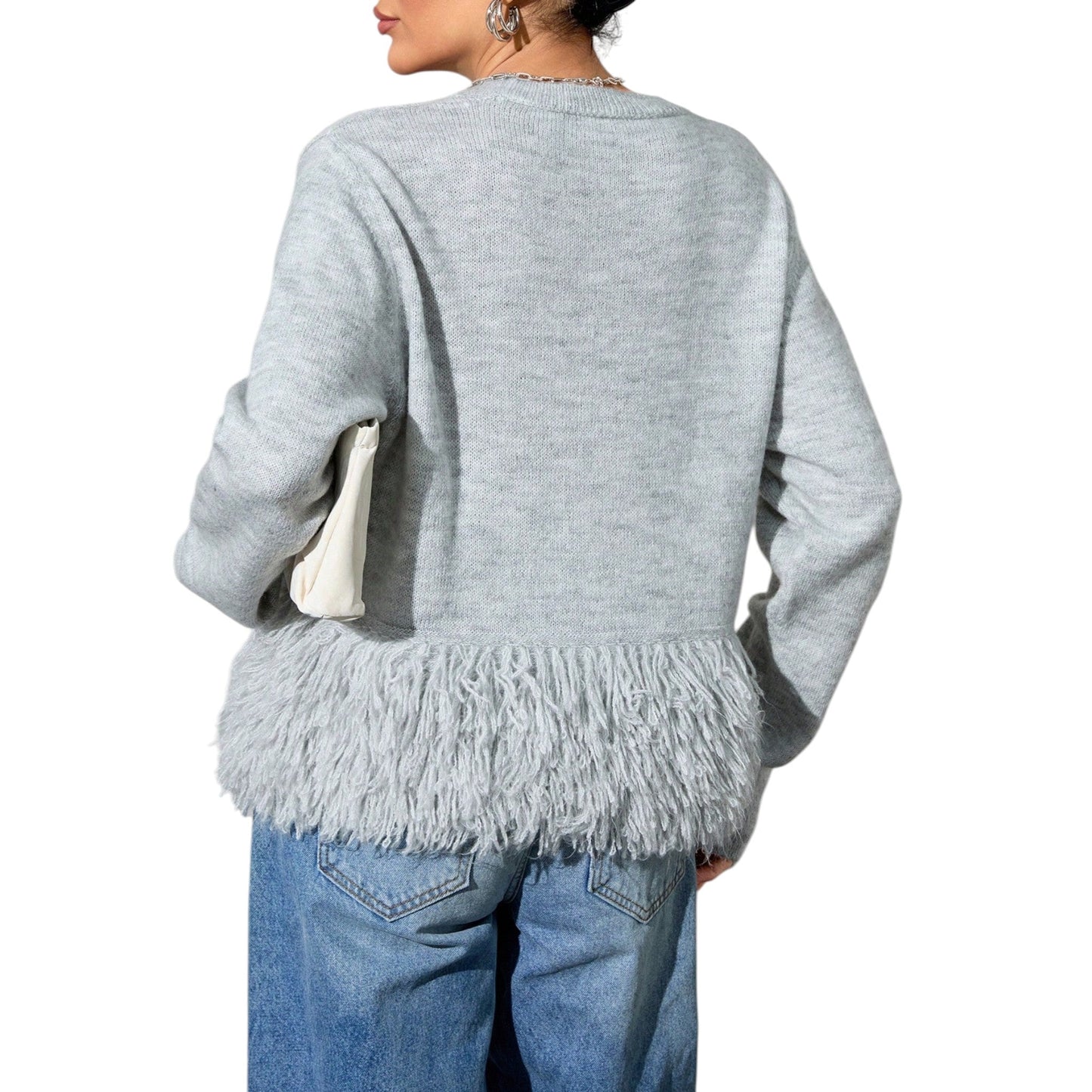 SHE szürke bojtokkal díszített kötött pulóver