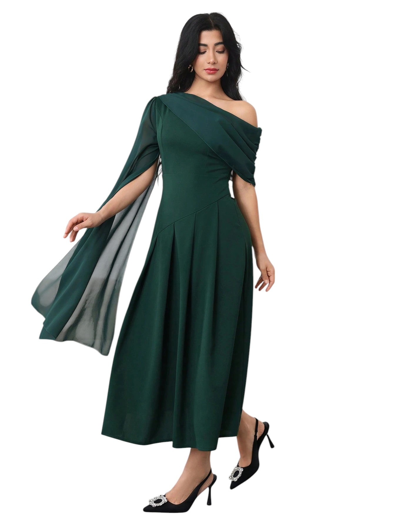 SHE sötétzöld egyvállas maxi ruha