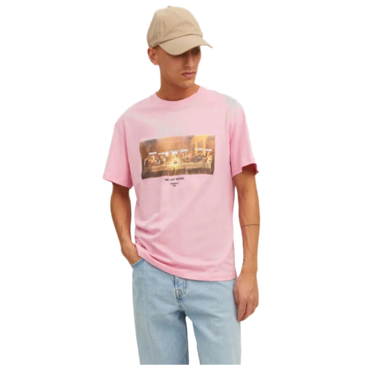 JACK & JONES rózsaszín férfi póló "The Last Burger" mintával