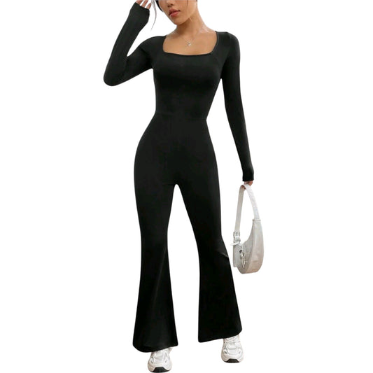 SHE fekete hosszú ujjú harangszárú jumpsuit