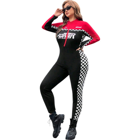 SHE piros és fekete kockás, cipzáras jumpsuit