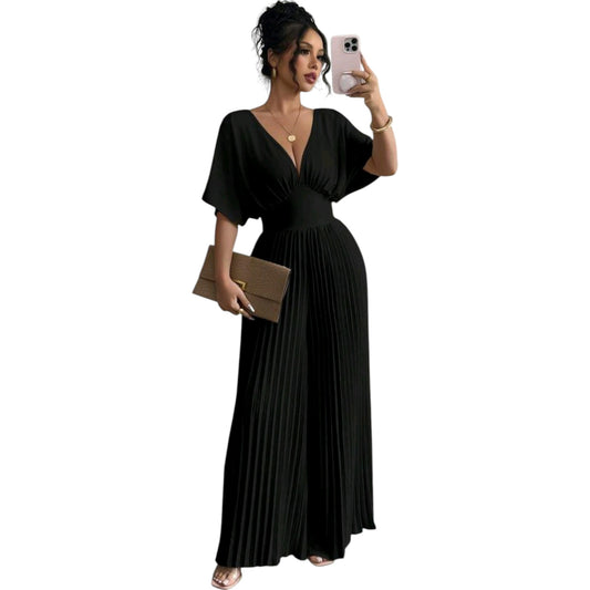 SHE fekete pliszírozott jumpsuit