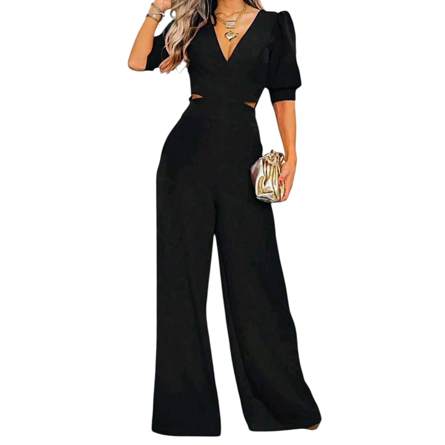 SHE fekete kivágott jumpsuit