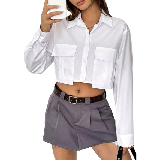 SHE fehér crop top ingblúz zsebekkel