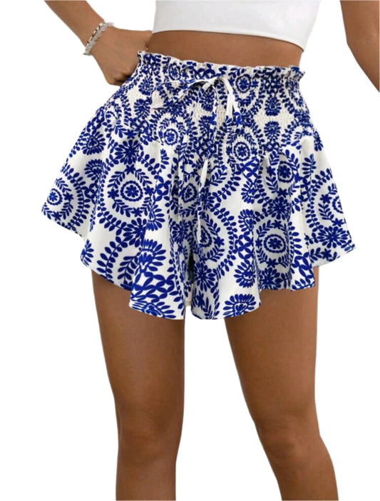SHE kék-fehér virágmintás bő short