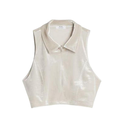 BERSHKA krém bársony cipzáras galléros crop top