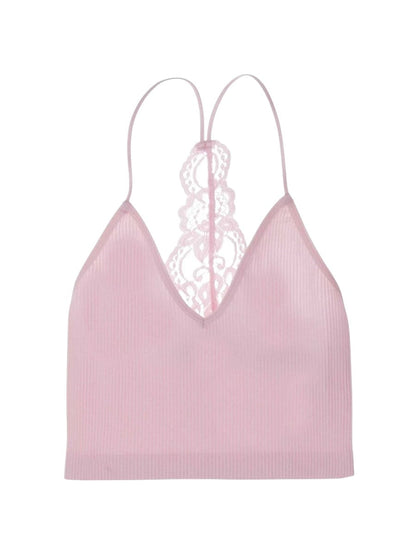 GUESS rózsaszín bordázott csipkehátú top