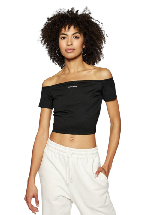 CALVIN KLEIN fekete váll nélküli logós crop top