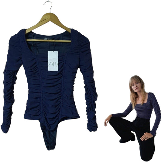 ZARA sötétkék ráncolt hosszú ujjú body
