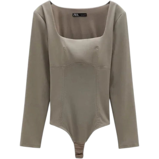 ZARA bézs szűkített hosszú ujjú body