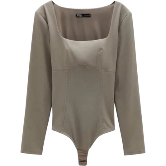 ZARA bézs szűkített hosszú ujjú body