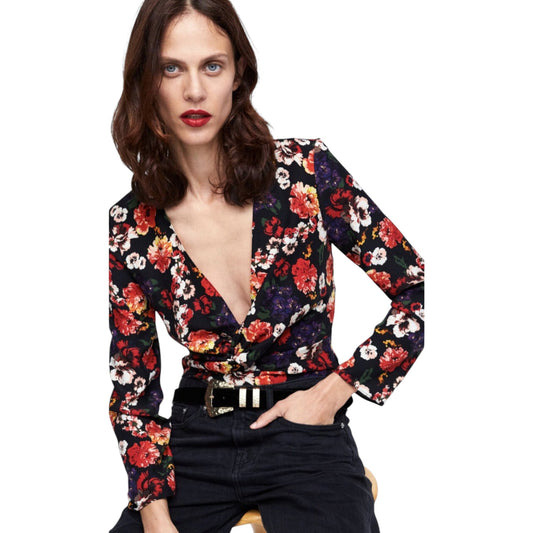 ZARA fekete virágmintás V-nyakú body