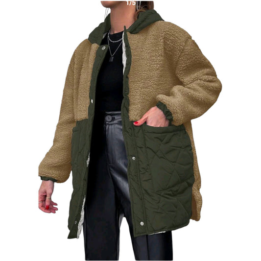 SHE barna/khaki patchwork plüss kabát